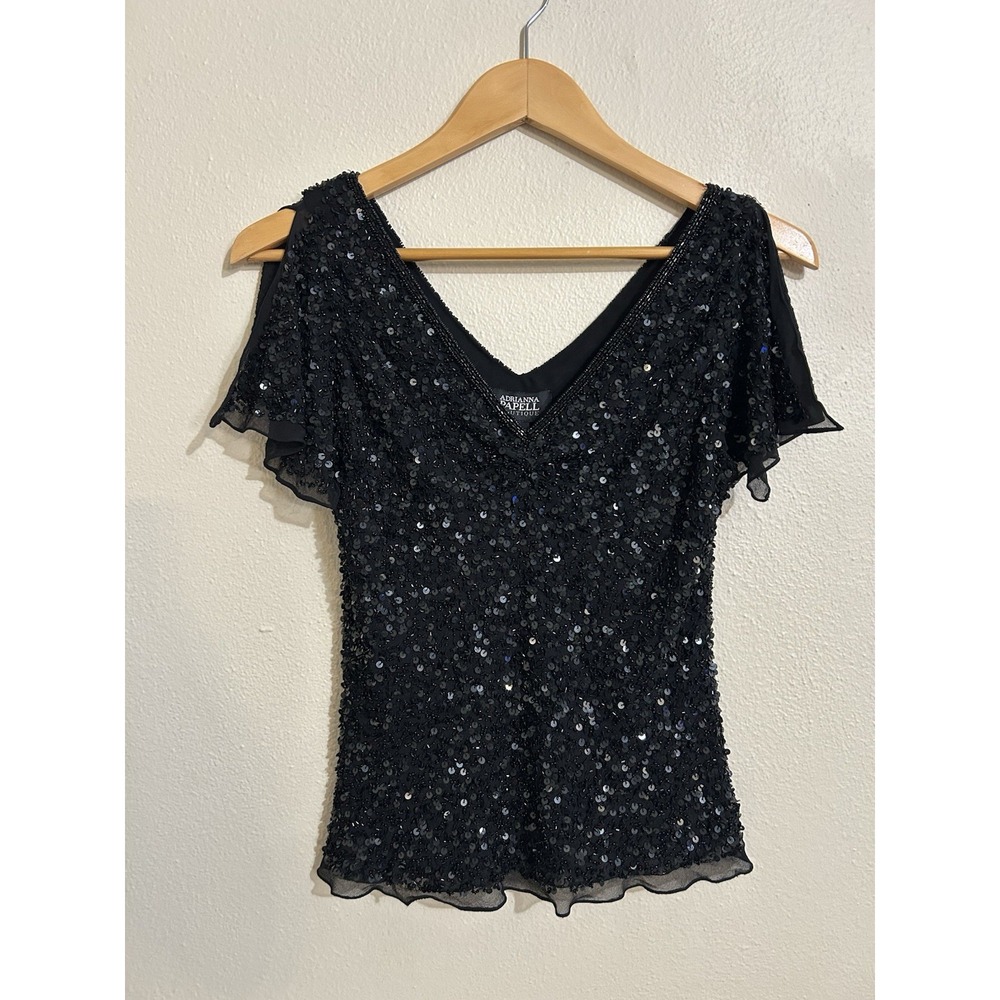 Adrianna Papell Boutique Silk Sequin Beaded Top Black Gatsby Glam Y2K Whimsigoth
